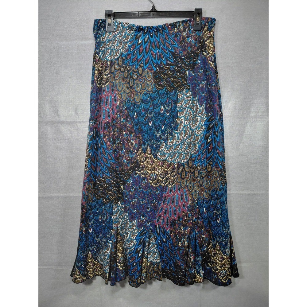 Vtg Y2K Hypnotized Peacock‎ Flare Midi Skirt LG Multicolor